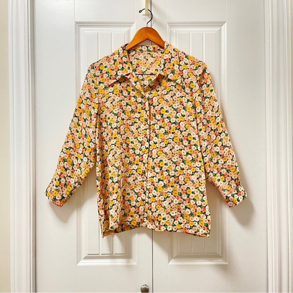 Vintage Floral Long Sleeve Button-Up Blouse Yellow - Picture 1 of 10